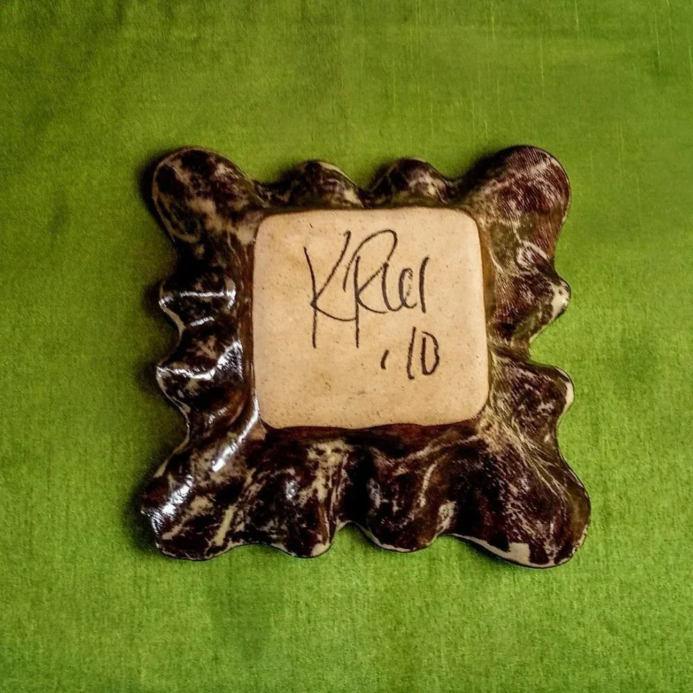 K Riel Art Pottery Glazed Square Ruffled Rim Bowl